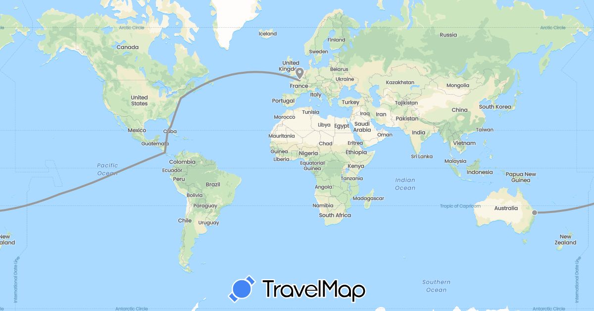 TravelMap itinerary: driving, plane in Australia, Costa Rica, Cuba, France, United States (Europe, North America, Oceania)